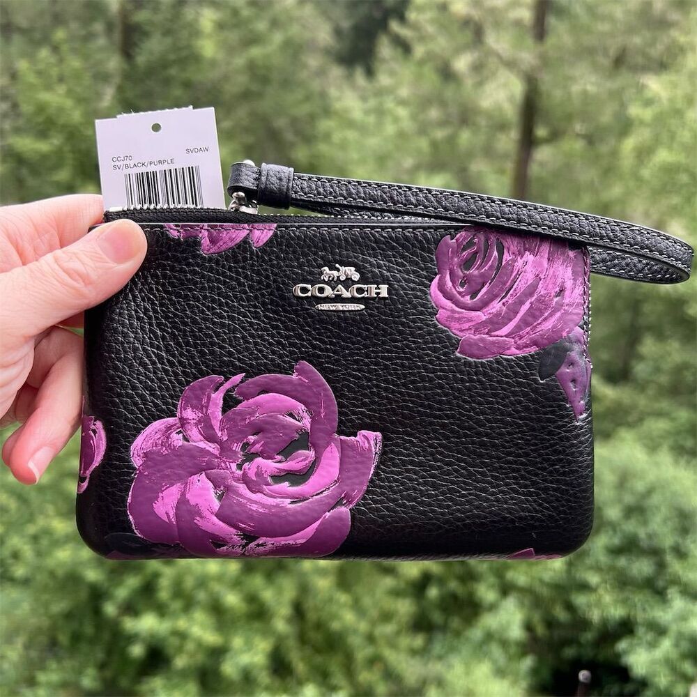 COACH Black Leather Wristlet Wallet in Purple Rose Floral Print NWT AUTHENTIC